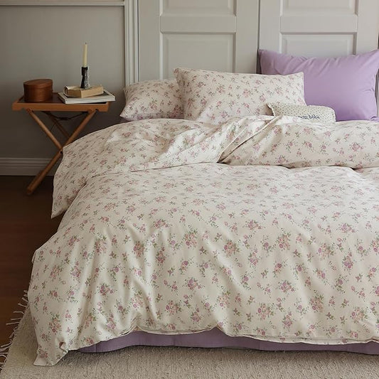 HighBuy Garden Floral Full Size Comforter Set Purple Flower Fluffy Boho Chic Floral Bedding Comforter Set 3 Piece Bedding Set Girls Fresh Botanical Comforter Set for All Season Bed Set
