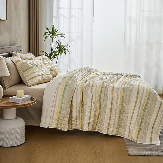 Wonderful 100% Cotton Quilt Set King Size Fall Bedding Set Natural Dyed, Cozy & Breathable Striped Coverlet, Soft Pre-Washed Bedspread with Shams (Light Yellow/Green Stripe)