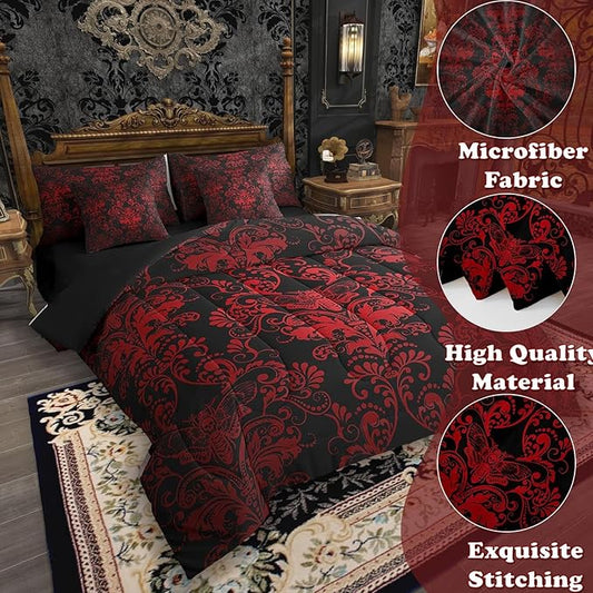 Erosebridal Gothic Damask Bed in a Bag King Size Comforter Set 7 Pieces,Exotic Moth Bedding Sets Red Black Victorian Floral Goth Sheet Set with Comforter