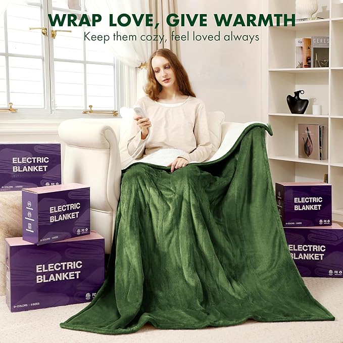 Electric Heated Blanket Twin 62" x 84" - Soft Flannel Sherpa Electric Blanket with 5 Heating Levels & 10 Hours Auto Off, Heating Blanket Twin as a Gift for Grandma and ETL Certified (Green)
