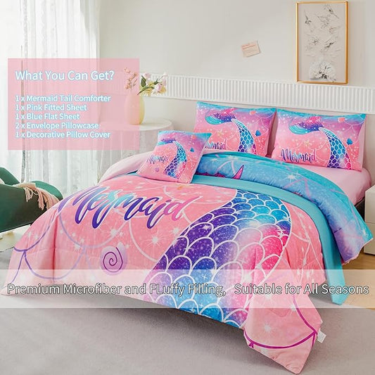 RYNGHIPY Mermaid Kids Girls Comforter Set Twin Size Pink Blue Gradient Fish Tail Bed in a Bag - Includes Comforter & Sheet Set for Teens Girls Super Soft Kids Bedding