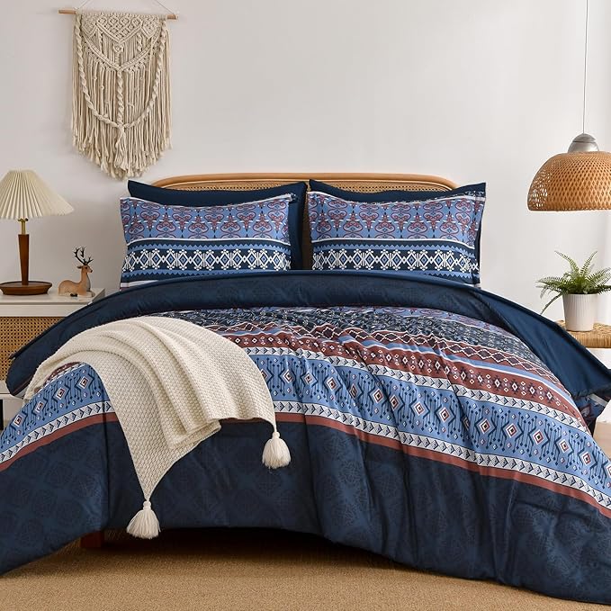 Comforter Set King Size Boho,7 Pieces Bohemian Bedding Comforter Set Striped Bed in a Bag,Navy Blue Paisley Floral Comfortet and Sheet Set,Soft Microfiber Bedding Sets for All Season