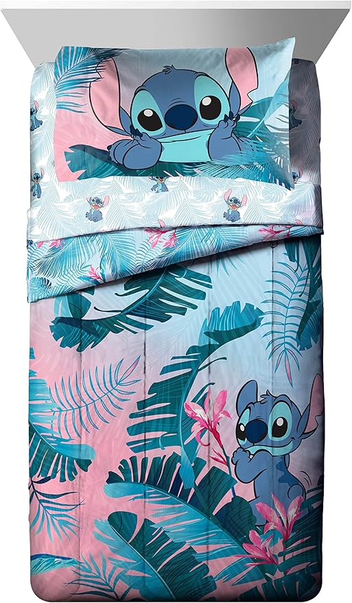 Jay Franco Disney Lilo & Stitch Floral Fun 7 Piece Full Bed Set - Includes Reversible Comforter & Sheet Set Bedding - Super Soft Fade Resistant Microfiber - (Official Disney Product)