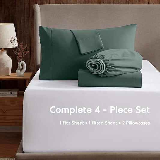 Nestl Short Queen Sheet Set - 1800 Ultra-Soft Microfiber - Double Brushed - Deep Pockets - Easy Fit - 4 Piece Set - Bed Sheets (Short Queen, Forest Green)