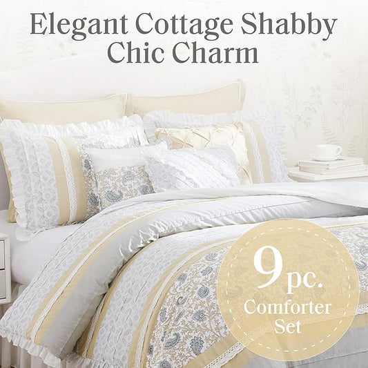 Madison Park Dawn 100% Cotton Shabby Chic Comforter Set-Modern Cottage Design All Season Down Alternative Bedding, Matching Shams, Bedskirt, Decorative Pillows, Queen(90"x90"),, Yellow 9 Piece