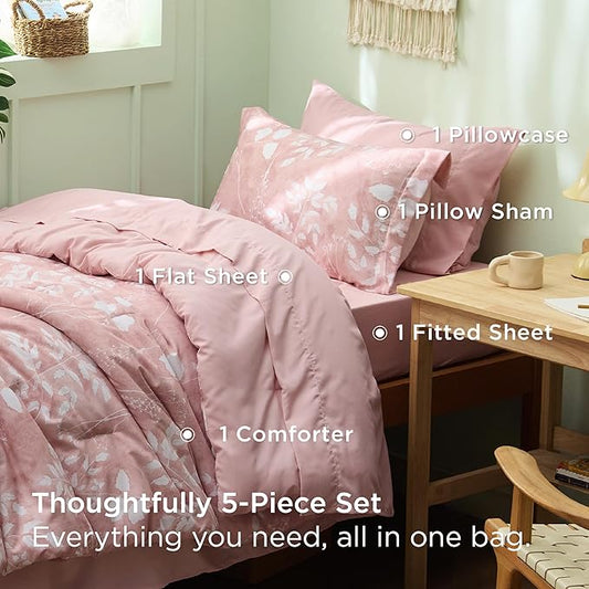 Bedsure Pink Twin XL Comforter Set - 5 Pieces Floral Bedding Sets Twin XL Bed in a Bag with Reversible Botanical Flowers Comforter, Sheets, Pillowcase & Sham