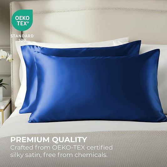 Pure Bedding Satin Pillowcase 2 Pack - Queen Size (20"x30", Navy) - Silky Pillow Cases for Hair and Skin - Satin Pillow Covers with Envelope Closure - Extra Soft Premium Microfiber