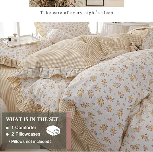 VM VOUGEMARKET Lace Comforter Set Full Vintage Girl's Flower Bedding Comforter Sets,Reversible Yellow Grid Comforter with 2 Pillowcases for All Seasons(3pcs,Full)