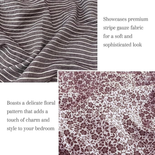 King Comforter Set - 7 Pieces Deep Purple Gauze Muslin Bedding Sets for All Seasons, Lightweight Breathable Bed in a Bag King with Revesible Farmhouse Comforter, Sheets, Pillowcases & Shams