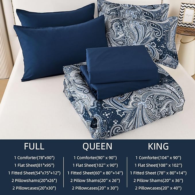 DJY Navy Paisley Comforter Set Full Size 7 Piece Bed in a Bag Boho Paisley Pattern Comforter Set Soft Lightweight Microfiber Blue Reversible Bedding Set for All Season