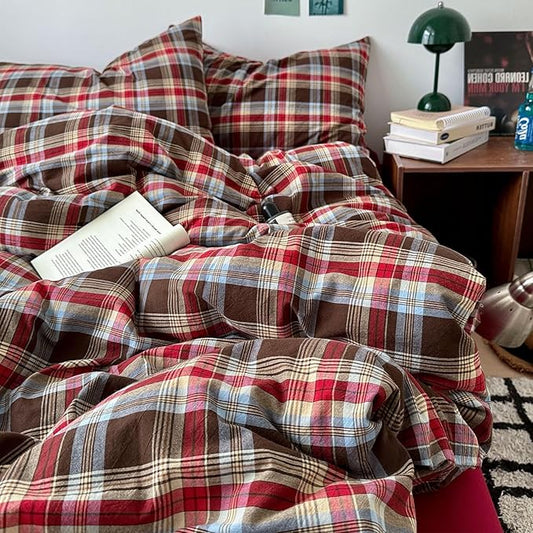 VM VOUGEMARKET Red Buffalo Gingham Duvet Cover Set Queen,3 Pieces Washed Cotton Bedding Set,Breathable Luxury Plaid Duvet Cover with Zipper Closure for Girls (Red&Brown)