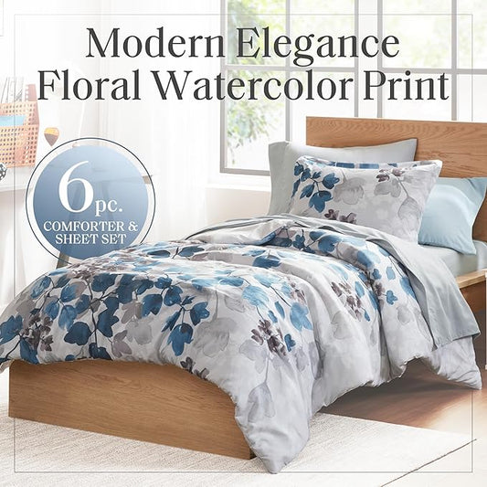 Madison Park Twin Comforter Set with Sheets, Floral Bed in A Bag Soft Microfiber Comforter for Twin-Size Bed, All Season Lightweight Comforters Twin Bed Set, Alexis, 6 Piece Blue