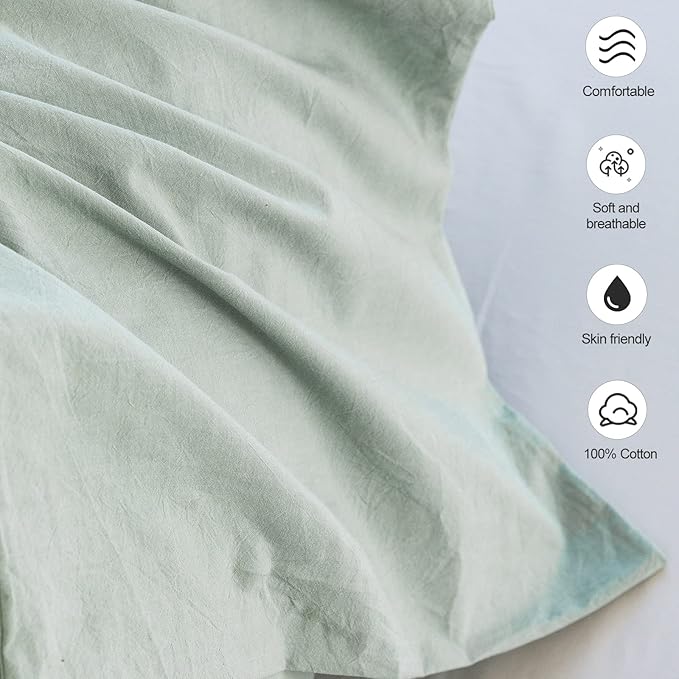 MooMee Bedding Pillowcases Pack of 2 100% Washed Cotton Linen Like Textured Breathable Durable Soft Comfy (Heathered Sage Green, King)