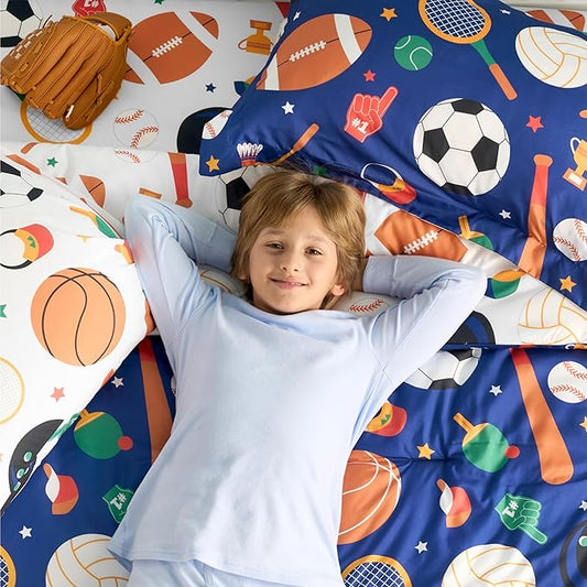 Joiedomi Kid Full Comforter Set 7 Piece Ball Sports Bedding Set for Boys Girls Super Soft Microfiber Bed in a Bag with Comforter Sheets Pillowcase Sham