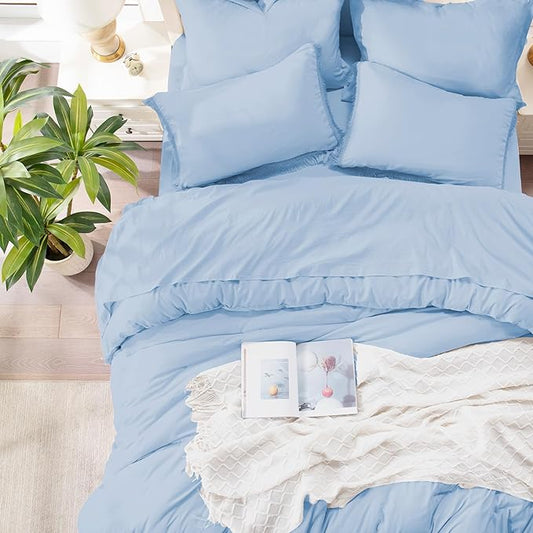 Andency Queen Comforter Set with Sheets Light Blue - 7 Pieces Boho Tassel Bed in a Bag Soft Lightweight Bedding Sets, Fringe Bed Set with Comforter, Sheets, Pillowcases & Shams