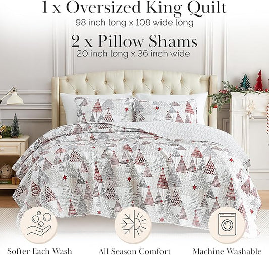 Southshore Fine Living, Inc. California/King Christmas Quilt Set with 2 Pillow Shams, Reversible Coverlet, Holiday Bedding Christmas Tree Design - Red, White & Silver
