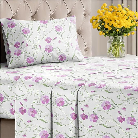 Floral Sheets - Pink Floral Bed Sheet Set - 1 Flat, 1 Fitted & 1 Pillowcase w/ Deep Pockets - Comfy, Wrinkle & Fade Free - Boho Botanical Bedding - Ultra-Soft, Breathable & Cooling - Twin XL Size Set
