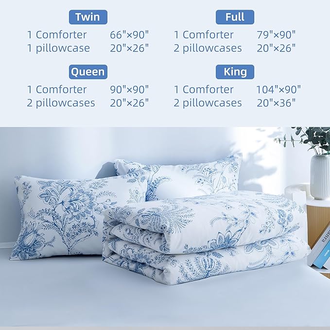 BOLINLIVING Floral Queen Comforter Set 3 Pieces, Soft Breathable Bed in a Bag Queen Size, Blue and White Floral Bedding Set for All Season, 1 Comforter & 2 Pillowcases