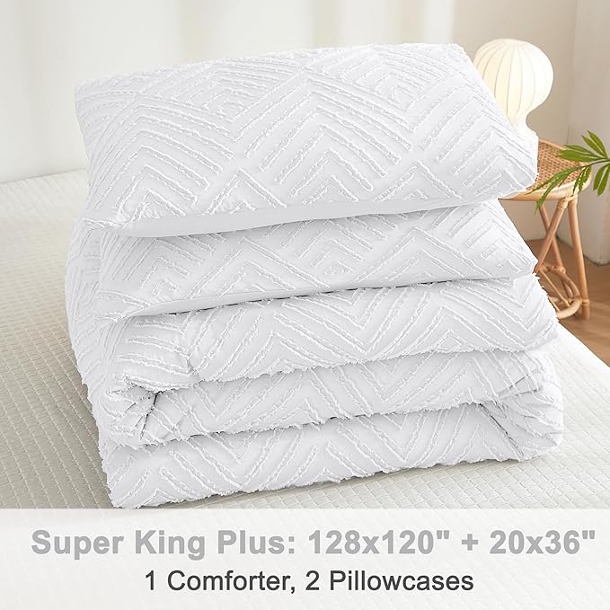 Litanika Super King Plus Comforter White, 3 Pieces Tufted Boho Farmhouse Bedding Comforter Set, Lightweight Fluffy All Season Comforter Set (120x128In Comforter & 2 Pillowcases)