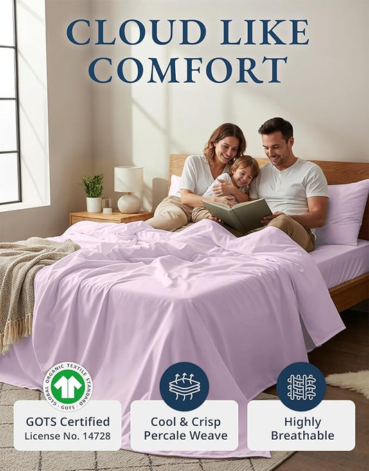 LANE LINEN 100% Organic Cotton Fully Elasticized King Sheet Set, Low Pilling Fade Resistant Machine Washable Naturally Cooling King Bedding Set, Soft & Comfy Cotton Sheets - Orchid Petal