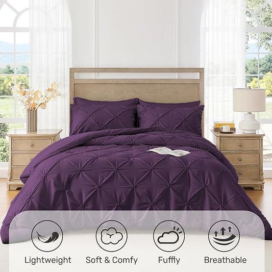 UNIKOME Queen Comforter Set Purple - Ultra Soft Boho Pintuck Down Alternative Bedding Set for All Seasons, 3 Pieces Lightweight Warm Pinch Pleat Bed Set with Comforter, 2 Pillowcases