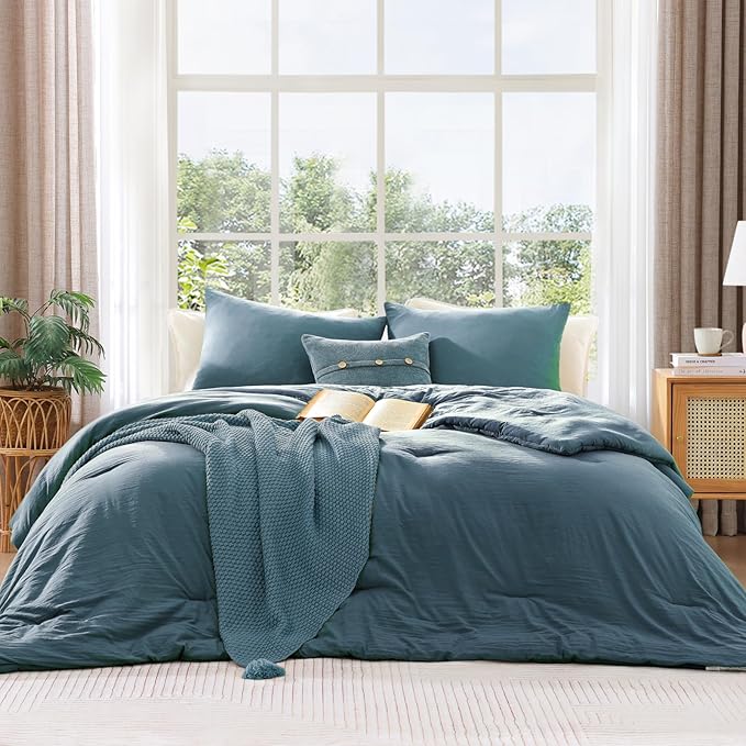 WRENSONGE Queen Comforter Set - 3 Pieces Prewashed Oxford Blue Comforter Soft Lightweight for All Seasons,Down Alternative Comforters Queen Size with 2 Pillow Shams