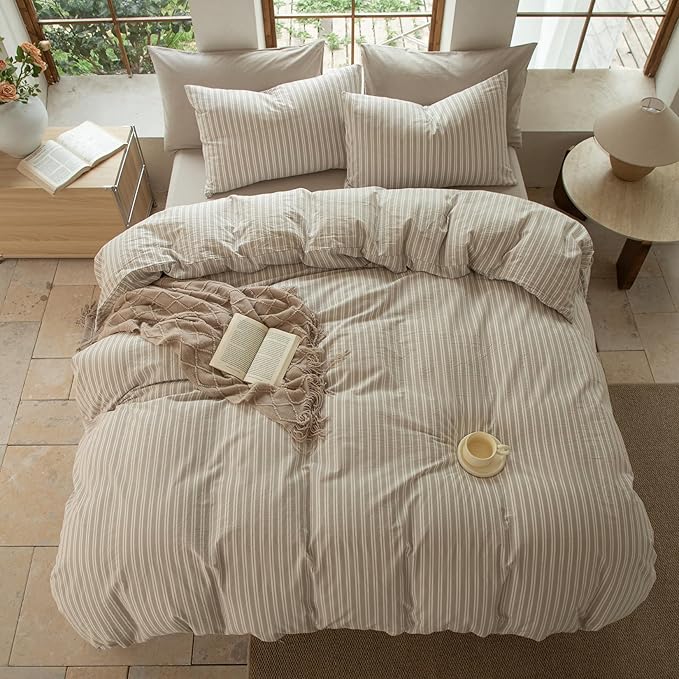 Striped Duvet Cover Set 100% Washed Cotton Linen Like Soft Feelling Breathable Bedding(Strip-Beige/White,Twin)