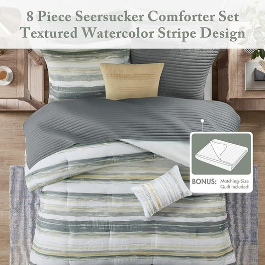 Madison Park Marina Comforter Quilt Combo Set - Modern Luxury Design, All Season Down Alternative Bedding, Matching Shams, Decorative Pillows, King/Cal King(104"x92"), Yellow 8 Piece