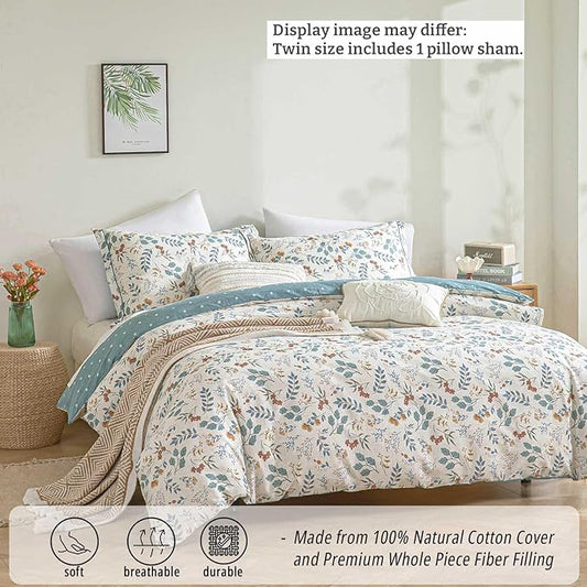 Botanical Cotton Comforter Twin Size - Lake Green Comforter with Dusky Blue & Warm Rust Leaves on Ivory,Reversible Lightweight Bedding Sets 2Pcs(Polka Dot,68"ร90")