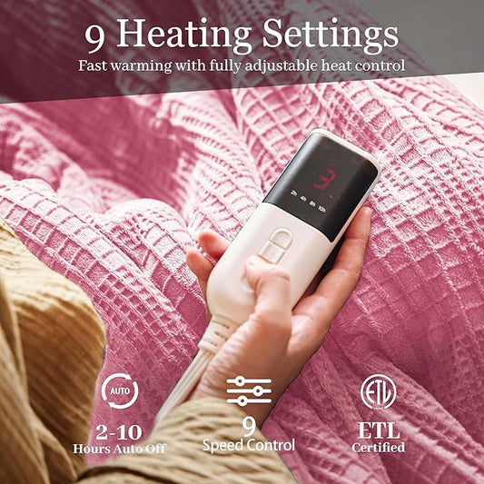 Electric Blanket Twin Size 62''X84'' - Heated Blanket with Single Control Fast Heating 9 Heating Levels & 10 Hours Auto Off,ETL Certified Machine Washable (Light Pink)