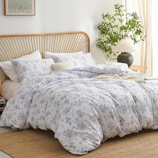 Nayoroom Blue Floral Duvet Cover King Size Cottagecore Flower Leaf Spring Comforter Cover 3 Pcs Soft Breathable Microfiber Pastoral Aesthetic Bedding Set with Zipper Closure