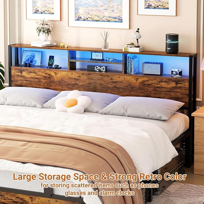 Aheaplus Headboard for King Size Bed with Storage, Headboards with Outlets, USB Ports and LED Light, King Size Head Board, Height Adjustable, Reversible, Sturdy and Stable Headboard, Rustic Brown