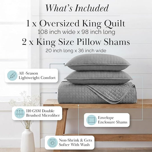 Southshore Fine Living, Inc. Comforter Quilt, King Size Bedding Set, Cal King Quilt Coverlet Set with 2 Shams, Soft Brushed Lightweight Bedspread, Pet Hair Resistant, Steel Grey