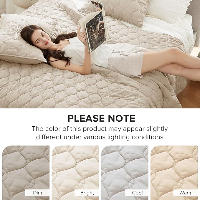 Comfort Spaces King Quilt Set Modern Reversible Ogee Coverlet King Bedding Set Cozy Quilted Winter Layer, All Season Lightweight Soft King Size Quilt, Kienna, Cal King Beige 3 Piece