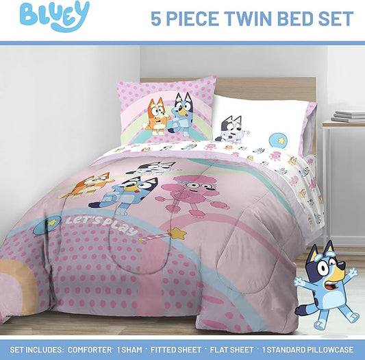 Jay Franco Kids Comforter Set Includes Sheets and Pillow Covers - Soft and Cozy Bed Set for Stylish Room Decor, Pink - Bluey 5 Piece Twin Size Bedding
