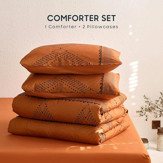 Wake In Cloud - Boho Comforter Set, Farmhouse Bohemian Western Aztec Neutral Aesthetic, Soft Lightweight Bedding, 3 Pieces, Burnt Orange, King Size
