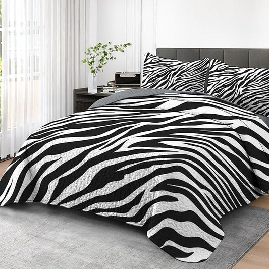 Quilt Set King Size, Zebra Stripe Animal 3 Pcs Soft Bed Cover Bedding Set for Kids and Adults, Black White Lightweight Bedspread Coverlet with Pillow Sham for All Season