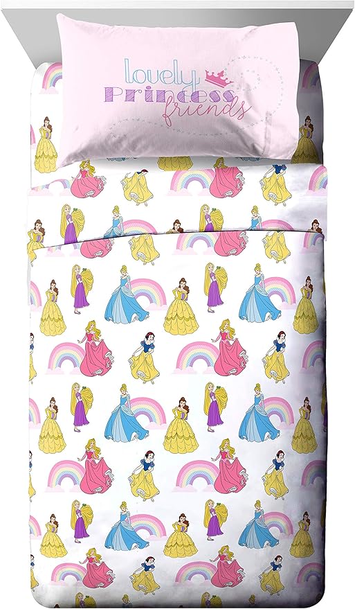 Jay Franco Disney Princess Rainbow 5 Piece Twin Bed Set - Includes Comforter & Sheet Set - Bedding Features Aurora, Belle, & Cinderella - Super Soft Fade Resistant Microfiber