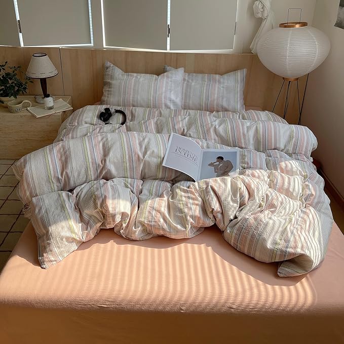 EAVD Pink Blue Yellow Striped Duvet Cover Twin Soft Washed Cotton Bedding Set 3 Pieces Pinstriped Bedding Set with 2 Pillowcases Reversible Farmhouse Geometric Pattern Duvet Cover with Zipper