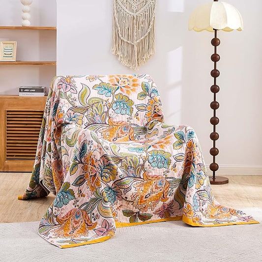 Boho Throw Blanket for Bed, 100% Cotton Soft Rustic Quilt Fall Blanket, 50"x60" Floral Printed Farmhouse Decor Bed Blankets, All Season Rustic Reversible Bohemian Throw Quilt