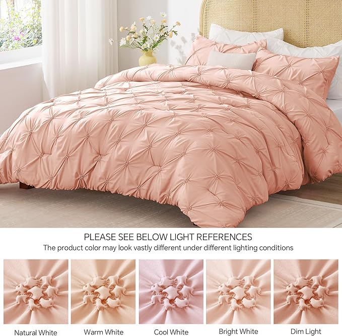 BEDELITE Dusty Pink Comforter Set Full - 3 Peices Boho Pintuck Bedding Comforter Sets, Lightweight Soft & Warm Twin Bedding Sets with 2 Pillowcase for All Season