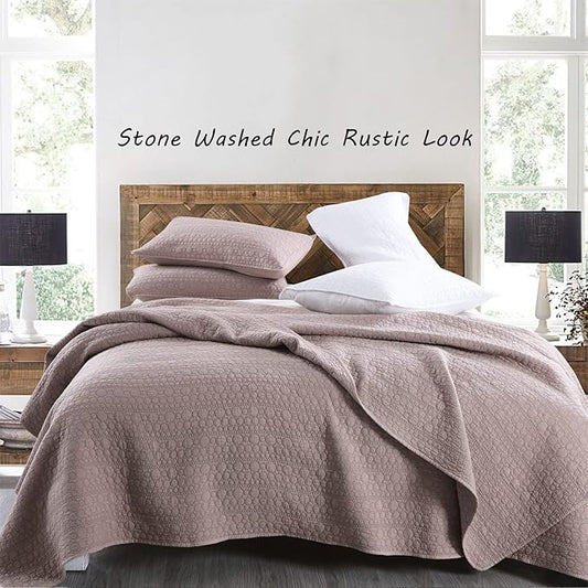 HORIMOTE HOME Quilt Set King Size Cameo Rose, Classic Geometric Spots Stitched Pattern, Stone-Washed Microfiber Chic Rustic Look, Ultra Soft Lightweight Quilted Bedspread for All Season, 3 Pieces