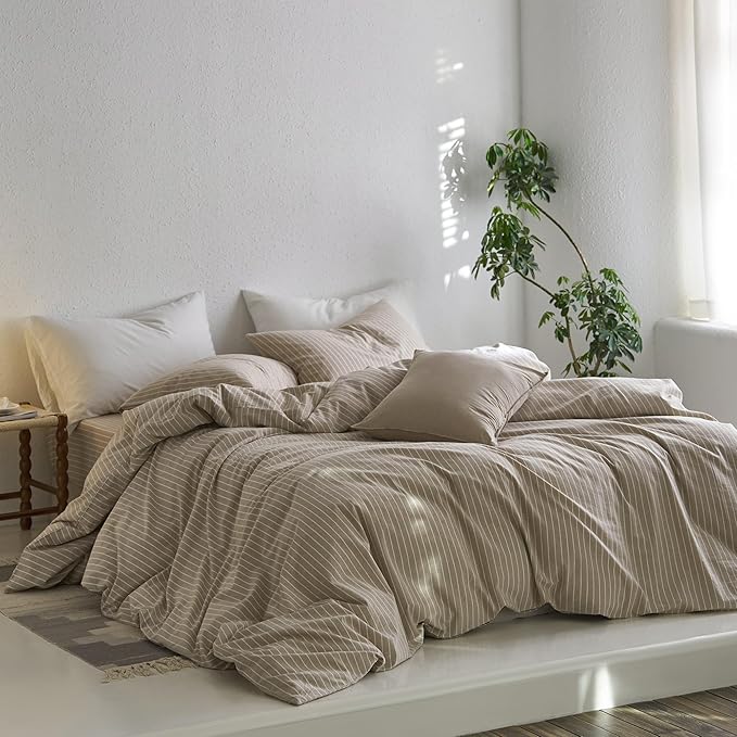 MooMee Bedding Pillowcases Striped Pack of 2 100% Washed Cotton Linen Like Textured Breathable Durable Soft Comfy (Tannish Linen Grey White Wide Stripes, Queen)