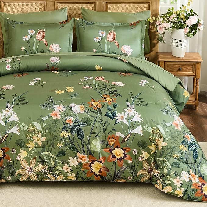 WONGS BEDDING Green Floral Comforter Set Queen, 7 Piece Bed in a Bag Bedding Set with Botanical Flowers Patterns, Soft Lightweight Complete Comforters with Sheets for All Season