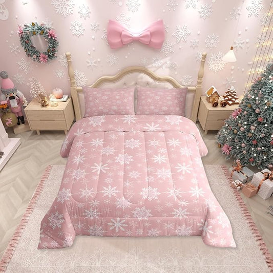 Erosebridal Pink Christmas Comforter Set King Girly Romantic Snowflake Duvet Insert Princess Winter Quilt Girls Modern Style Bedding Set Bedroom Decor Pink Floral Bedding Set & 2 Pillowcases