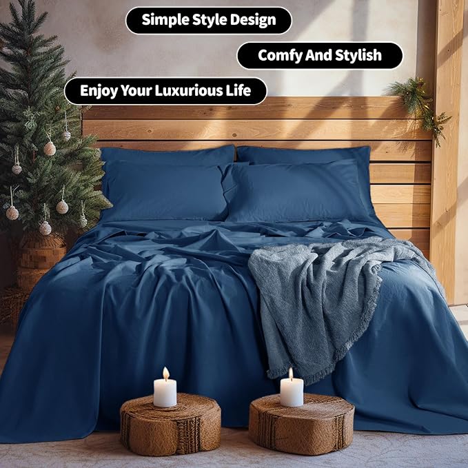 LBRO2M 100% Pure Linen Sheet Set Deep Pocket Up to 16" Bed Sheets Sets, Natural Flax Beddings Soft, Breathable, Comfortable for All Seasons 6 Pcs Sheet Set Queen Size, Navy Blue