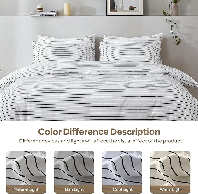 JELLYMONI 100% Natural Cotton 3pcs Striped Duvet Cover Sets, White Duvet Cover with Thin Black Stripes Pattern Printed Comforter Cover, with Zipper Closure & Corner Ties(Queen Size)