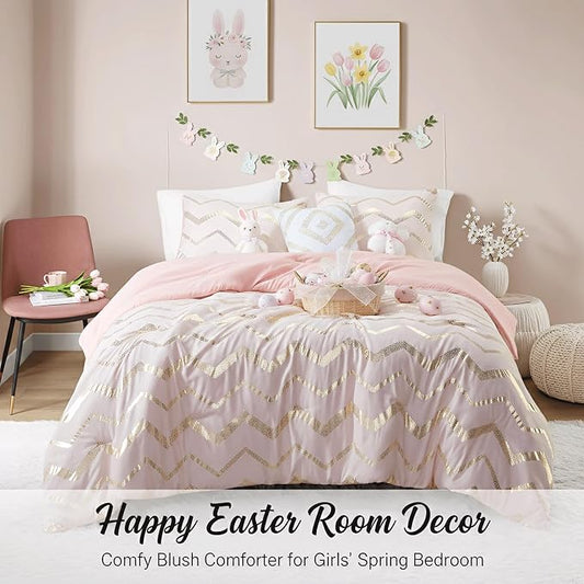 Codi Twin Comforter Set for Teen Girls, 3-Piece Pink and Gold Bedding, Warm and Lightweight for Dorm or Bedroom