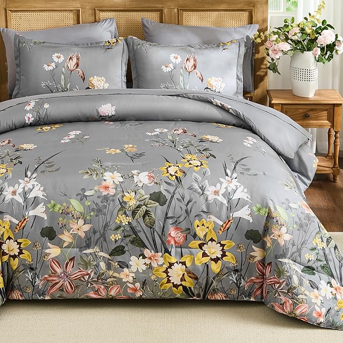 WONGS BEDDING Queen Comforter Set 7 Piece, Grey Floral Bed in a Bag Bedding Set with Botanical Flowers Patterns, Soft Lightweight Complete Comforters with Sheets for All Season