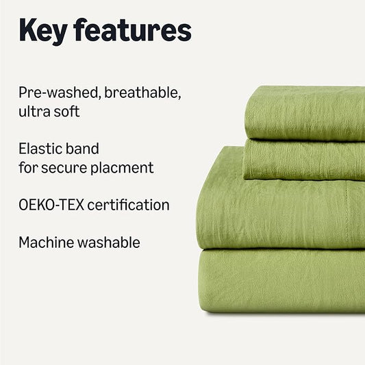 Amazon Basics King Bed Sheet, 4-Piece Bedding Set, Double Brushed Microfiber, Ultra Soft, Easy Care, Green